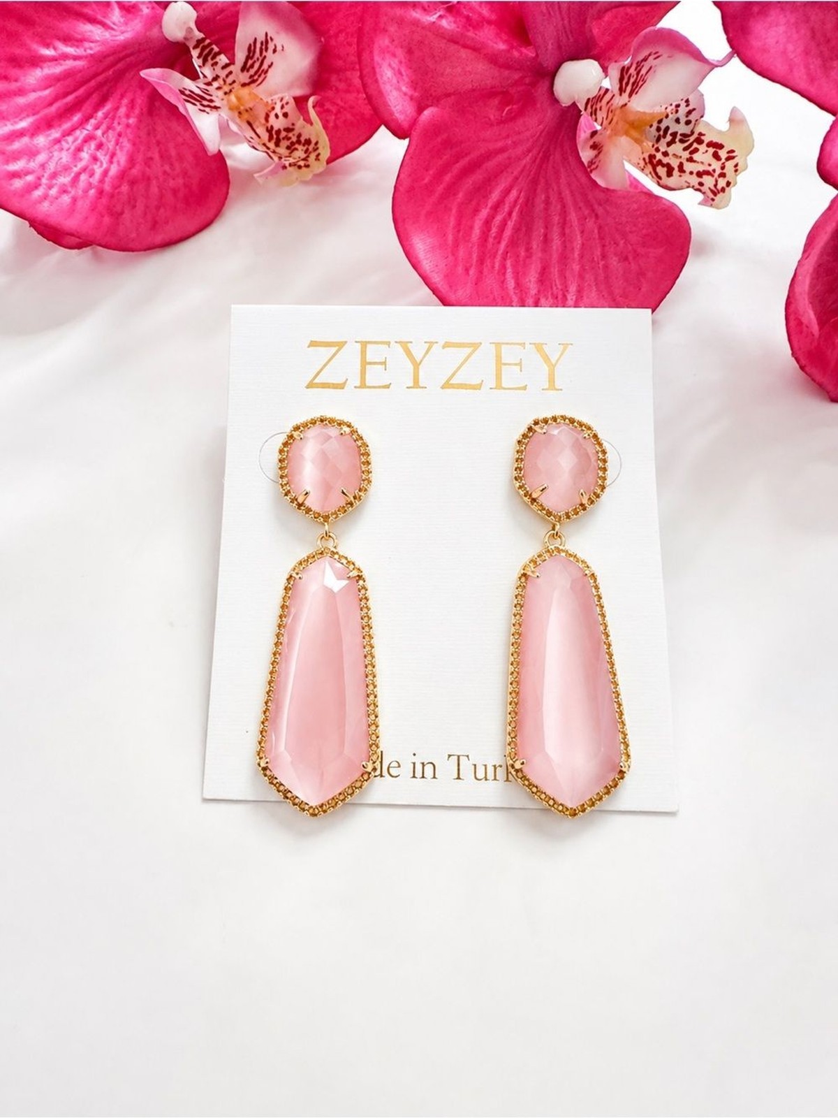 Pink Gold-Tone Long Double Drop Stone Stud Earrings Made in Turkey NWT