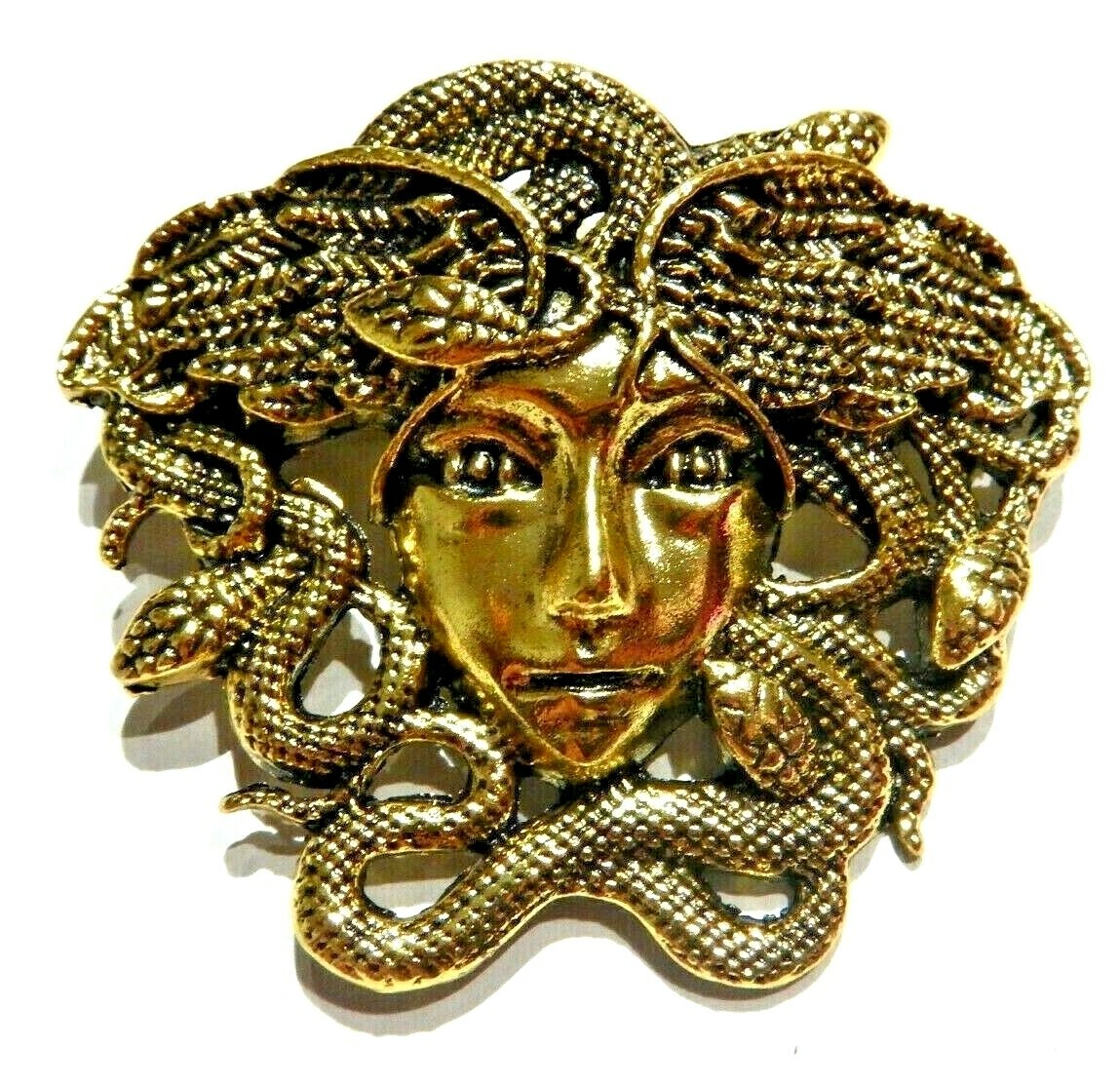 GOLD TONE MEDUSA BROOCH PENDANT Greek Mythology Pin Gorgon Snakes Serpent E6
