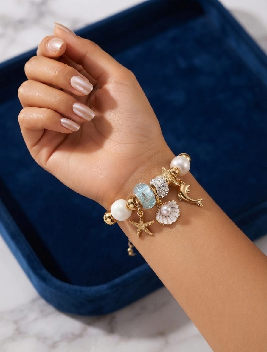 Teen Girls Charm Bracelet Set – Shell, Starfish, Pentagram, Flower & Cherry Pend
