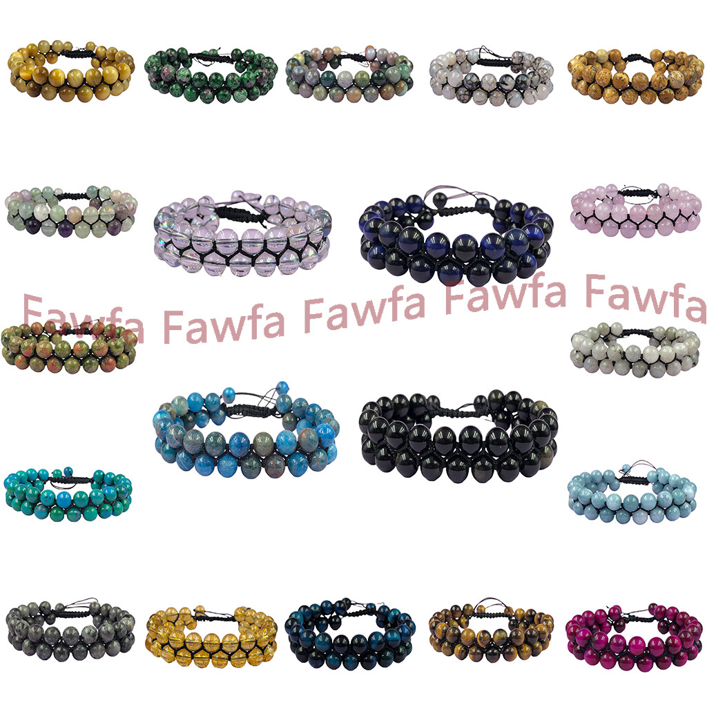 Handmade 2 Rows Natural 6/8/10mm Round Gemstone Beaded Adjustable Bracelet 7.5″