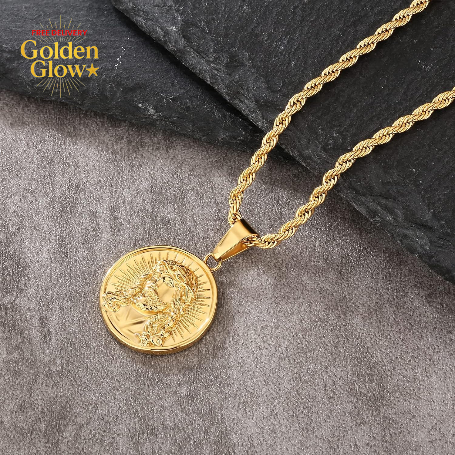 Jesus & Cross Coin Pendant Medallion Necklace Vintage Gifts for Men Gold Plated