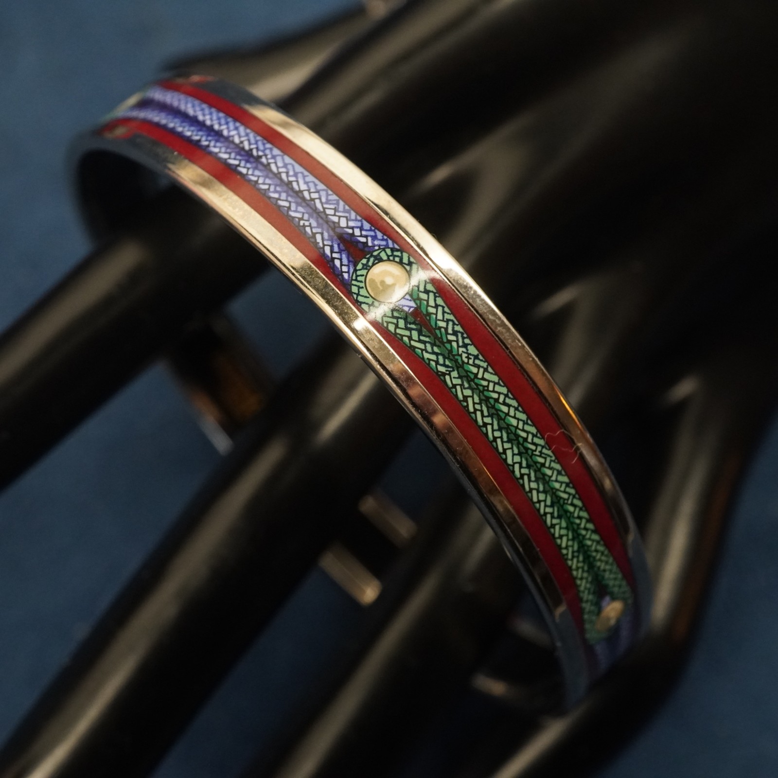 Hermès Brandebourgs Palladium Plated Narrow Enamel Bangle, Sz GM – Free Ship US