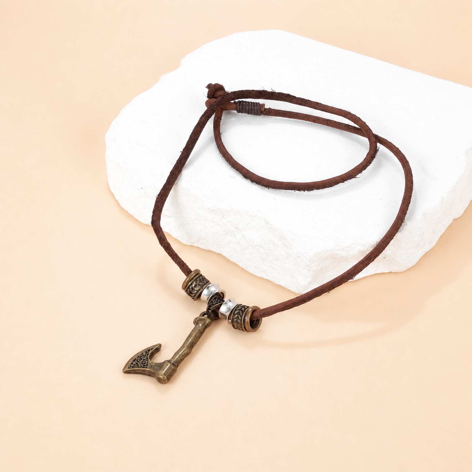 Men’s Retro Tribal Viking Axe PU Leather Cord Necklace for Punk Street Wear