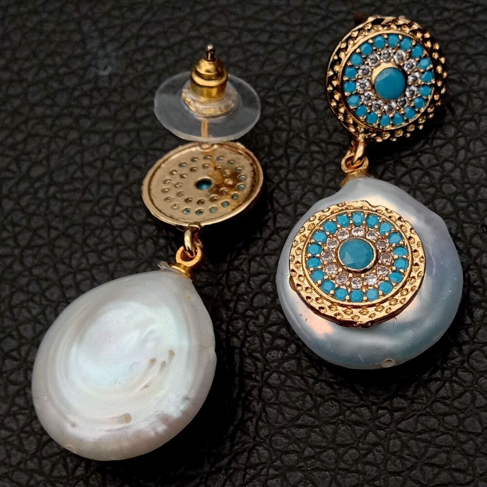 Cultured White Coin Pearl Blue Cz pave Stud Earrings