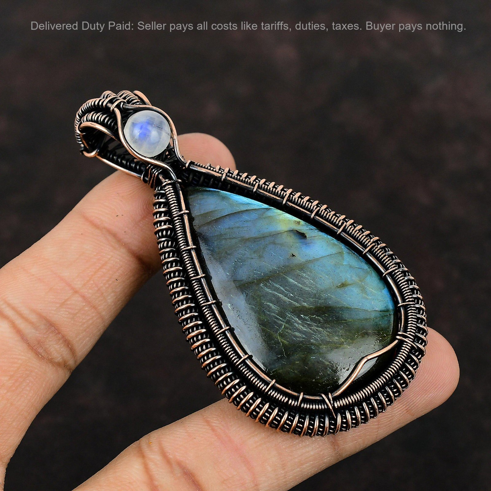 Copper Labradorite Stone Rainbow Moonstone Daughter Wedding Wire Wrapped Pendant