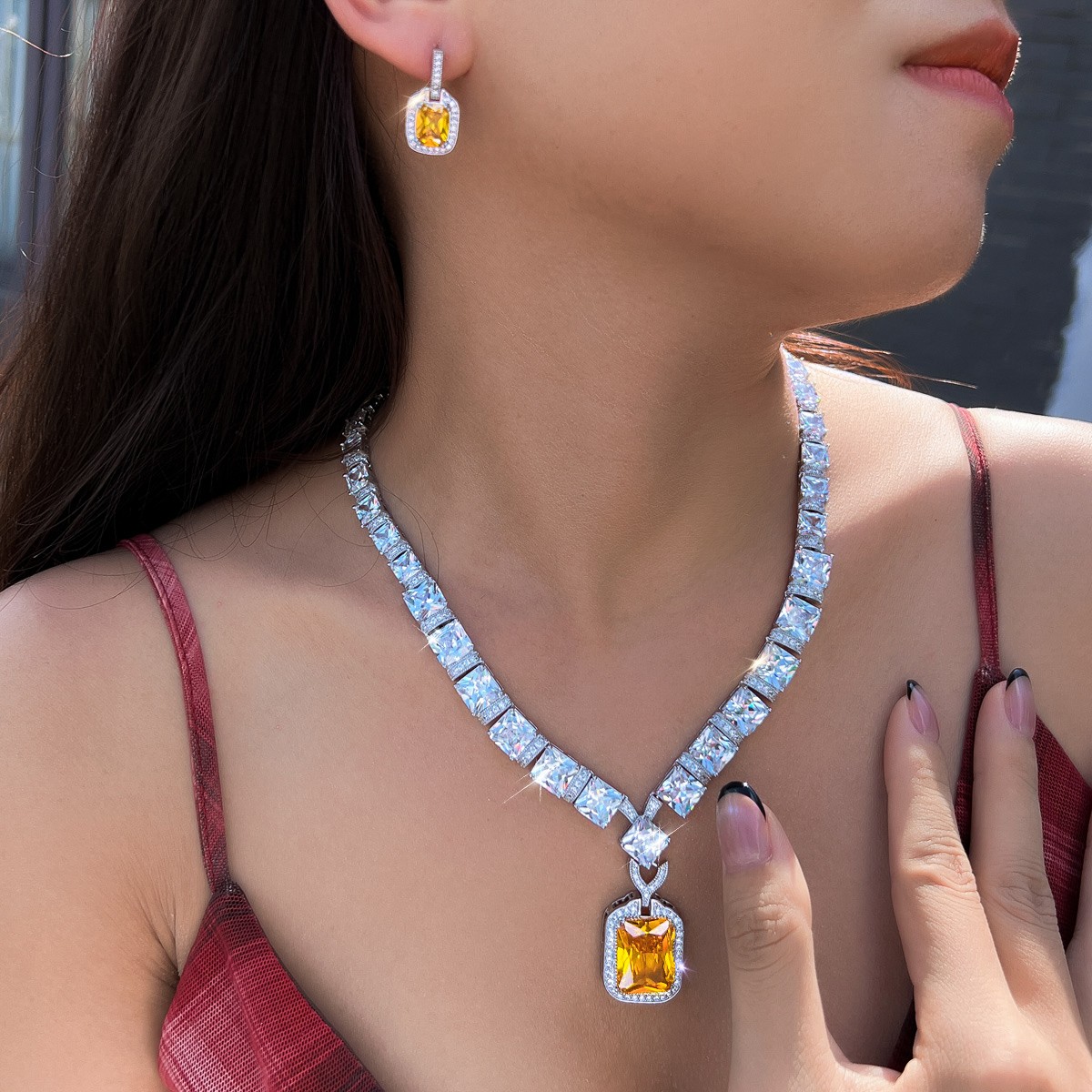 Silver Plated CZ Yellow Square Necklace Earrings Set for Women Costume Jewelry