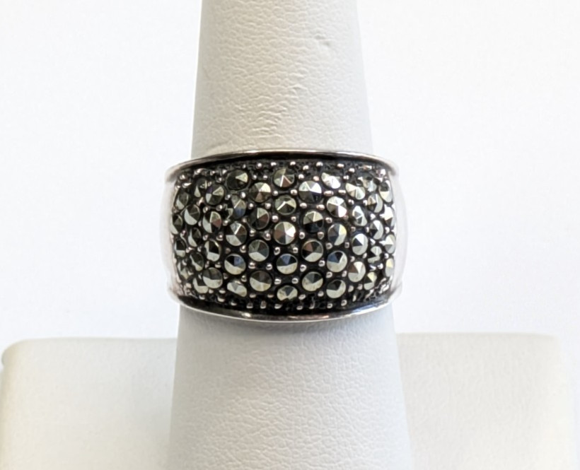 “A” Signed Sterling Silver 925 Pave Marcasite Stone 1/2″ Wide Band Sz 8 Ring