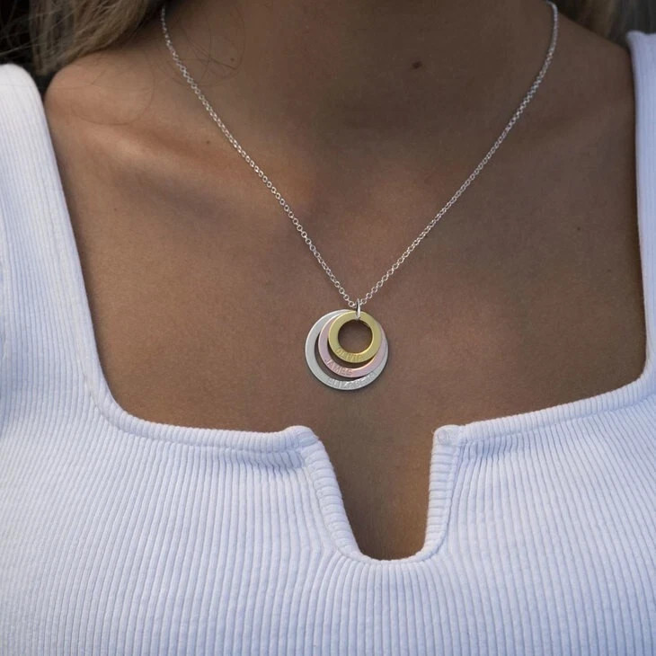 Three Tone Ring Engraved Mother Necklace personalized custom gift handmade