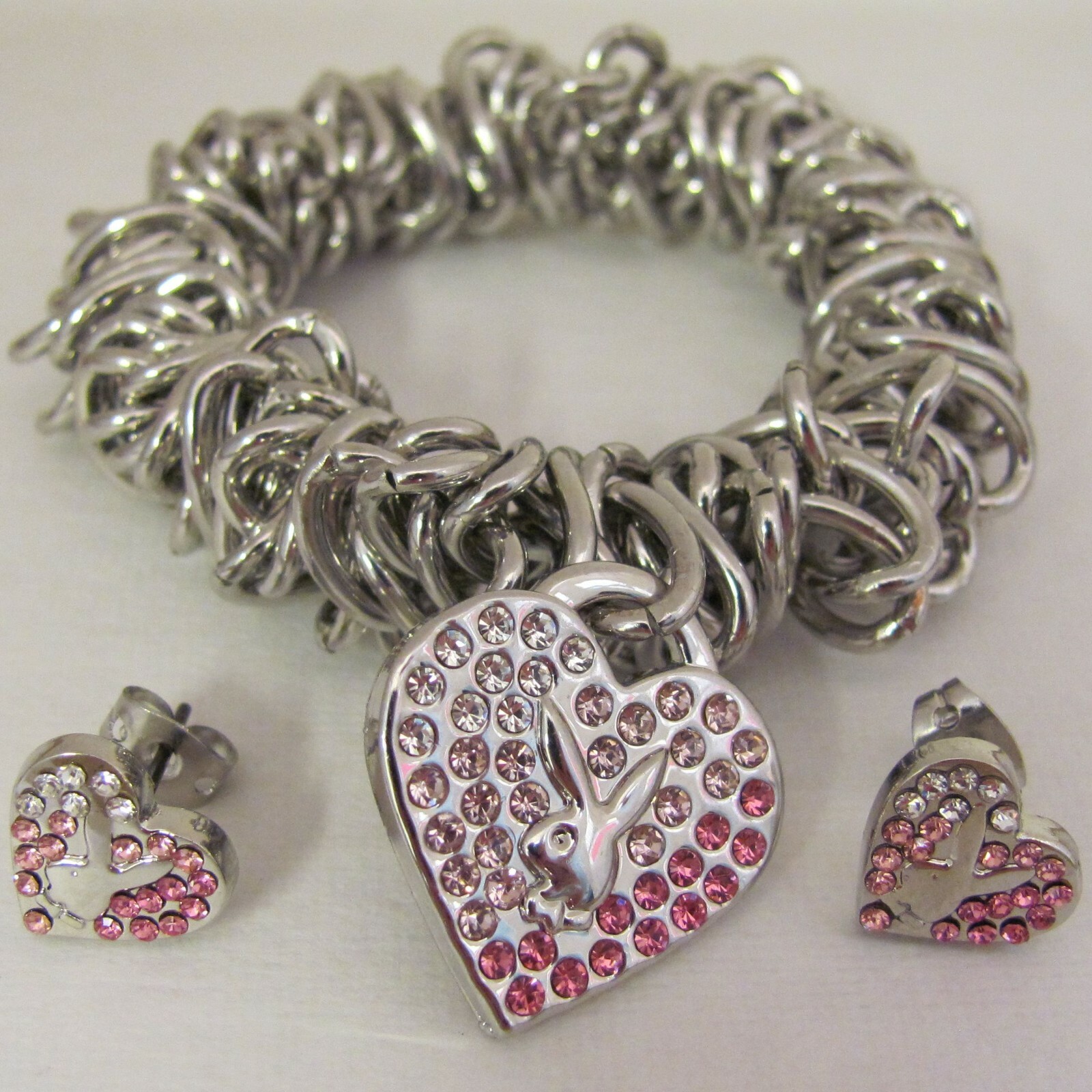 Playboy Jewelry Set Bracelet Earrings Bunny Heart Charm Play Boy y2k Deadstock x