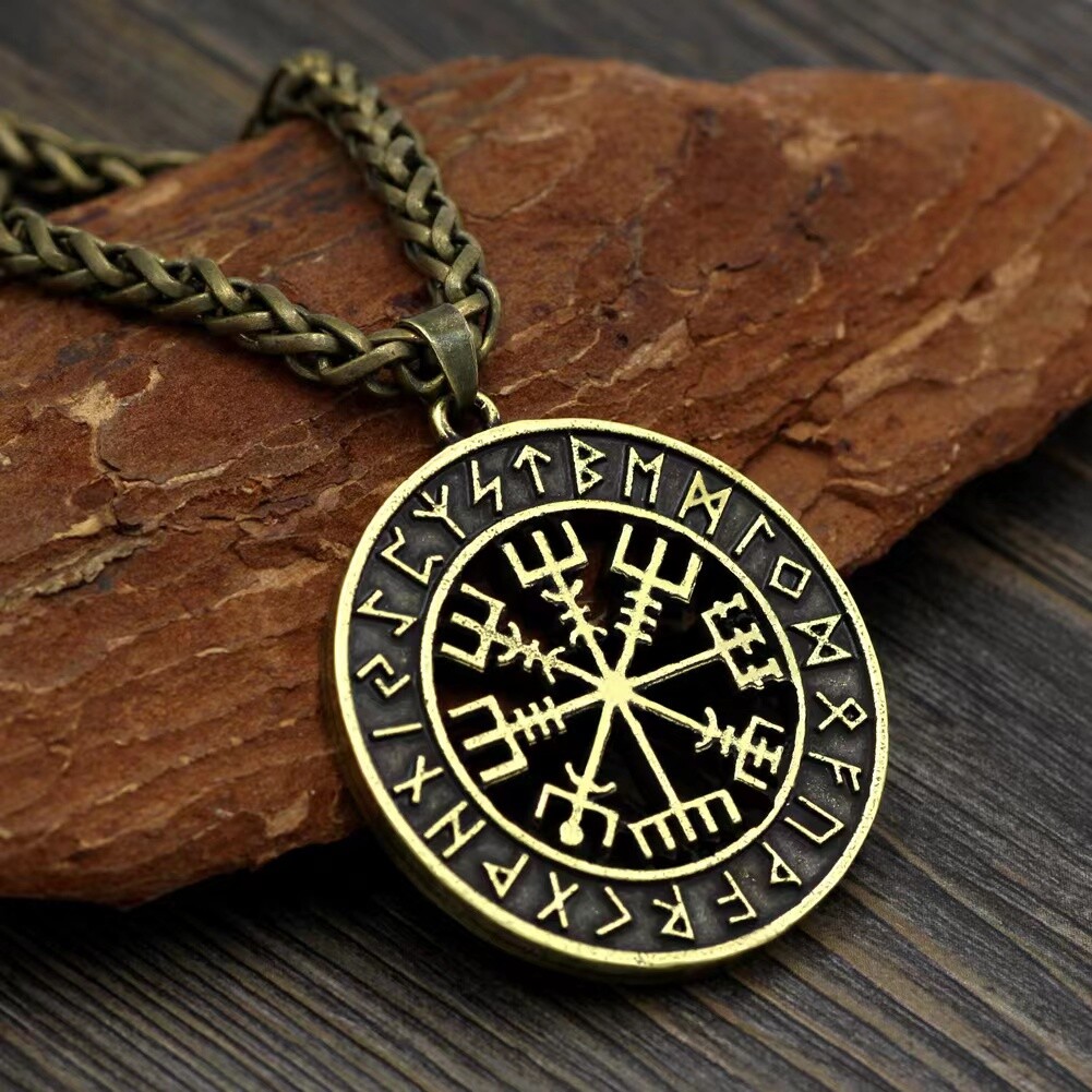Mens Vintage Norse Viking Rune Vegvisir Compass Pendant Protection Necklace 24″