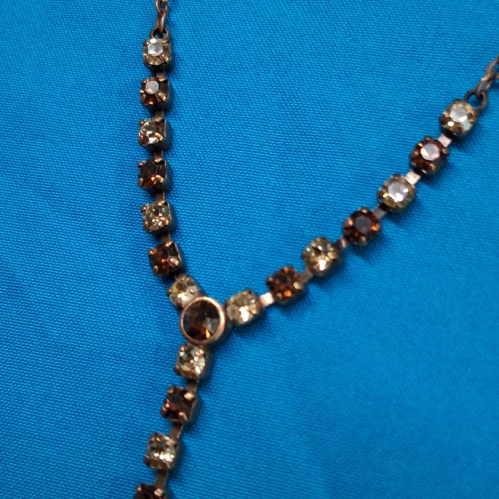 Vintage 1928 Branded Amber Tone Glass Rhinestone Y-Drop Pendant Copper Necklace