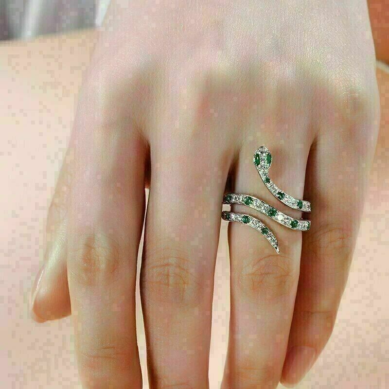 2 Ct Round Simulated Emerald & Diamond Band Snake Ring In 14K White Gold Plated