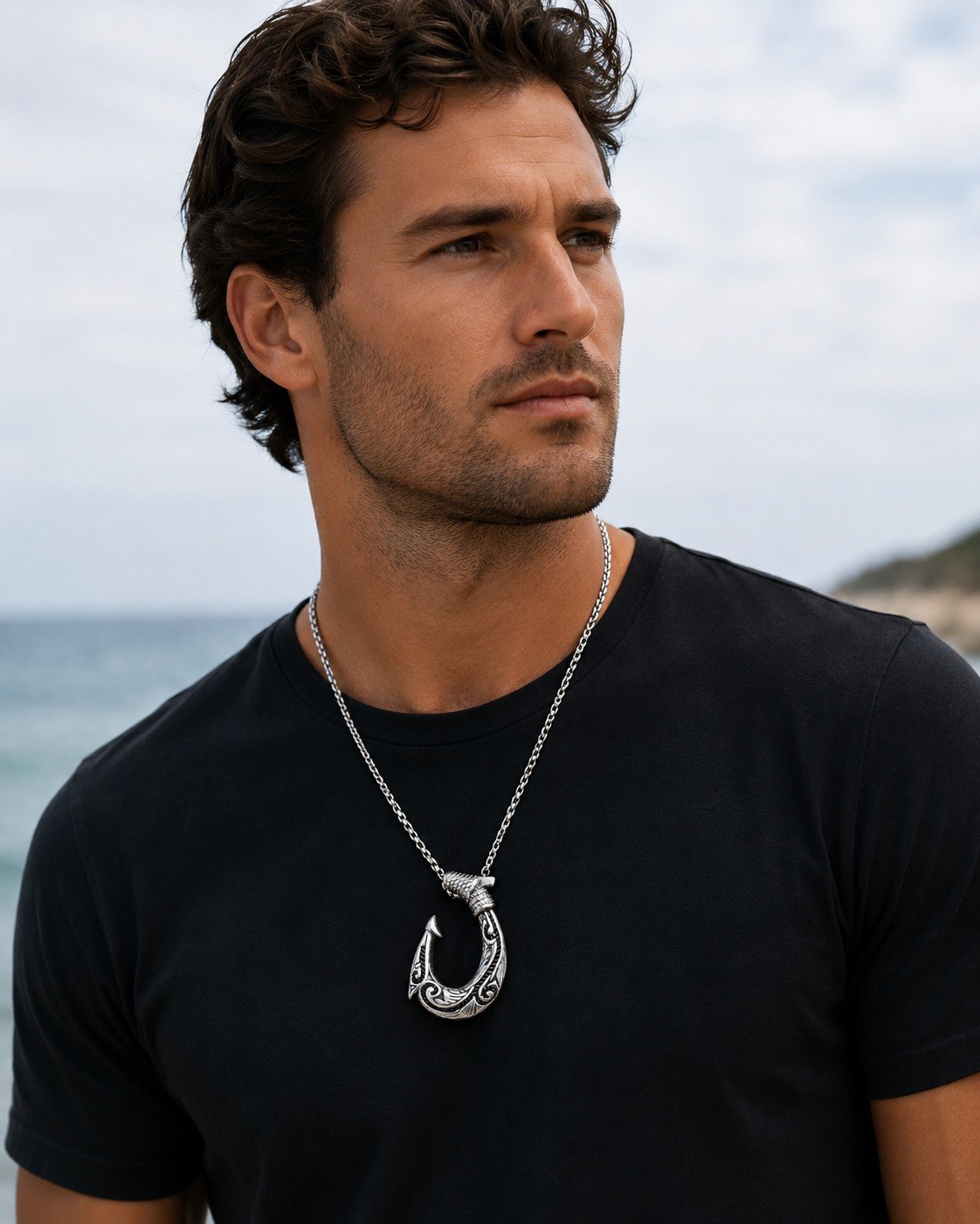 SMITH Mens Stainless Steel Hawaii Hawaiian Fish Hook Pendant Necklace For Men