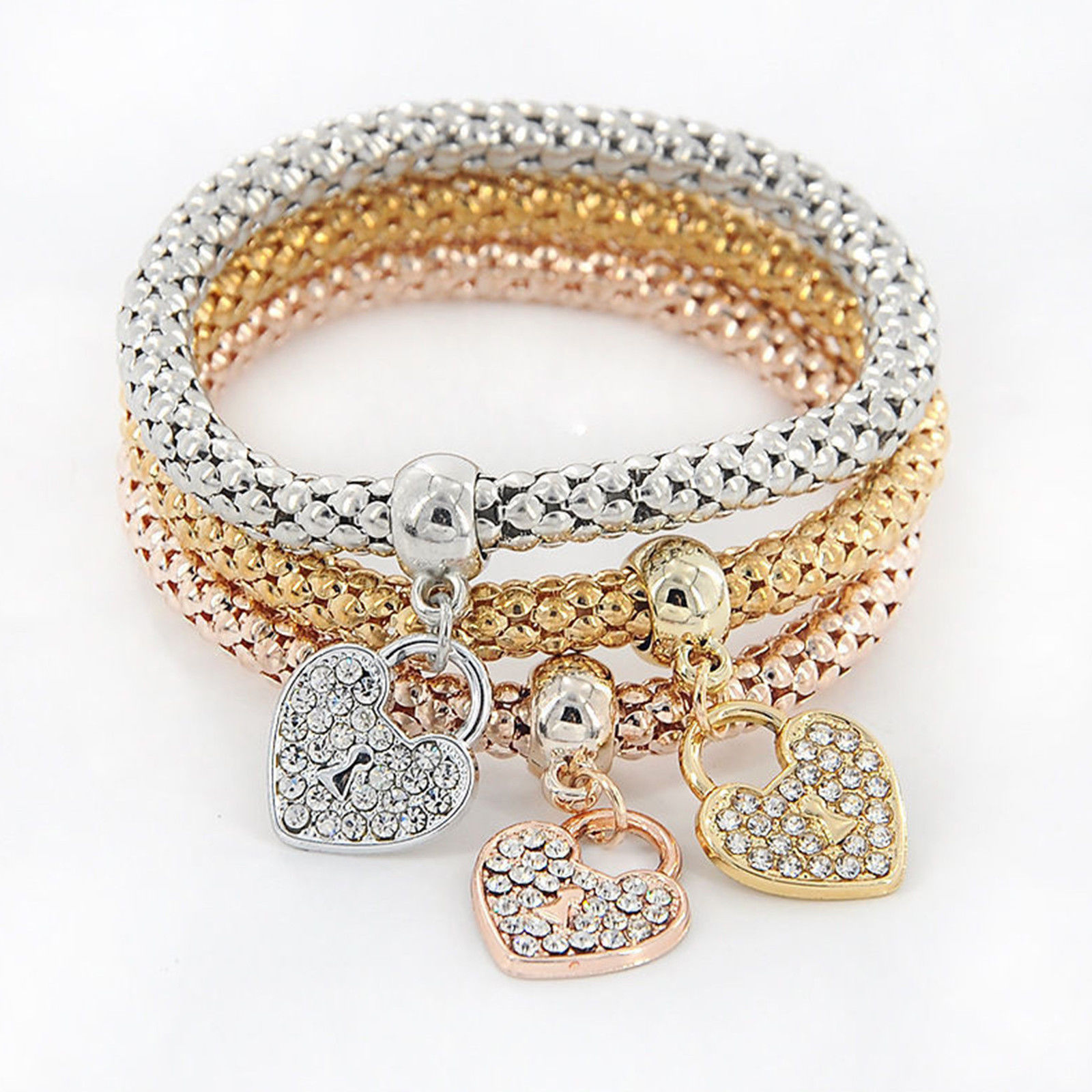 Women’s Fashion Jewelry 3 Piece Silver Rose Gold Heart Bangle Bracelet 53-2