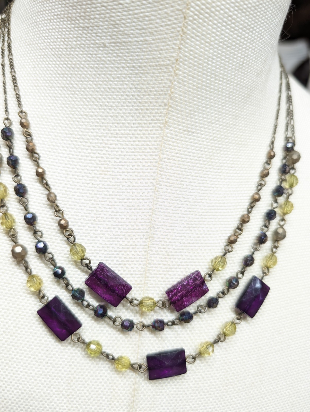 3 Strand Choker Necklace Purple Oblong Chunks w/Yellow & Tiny Brass Beads