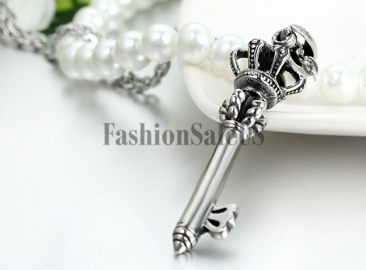 Mens Womens Imperial Crown Key Stainless Steel Pendant Necklace Chain Jewelry