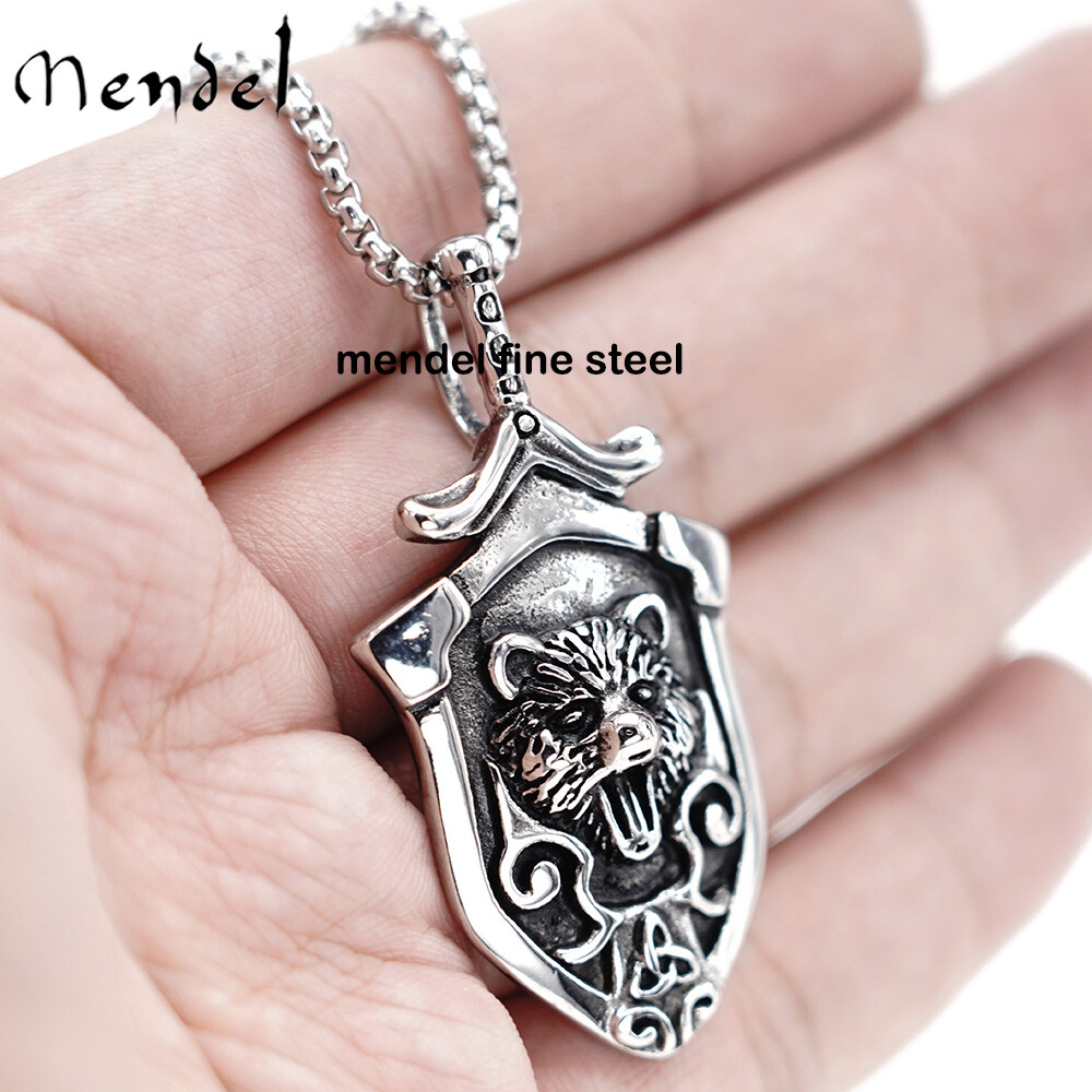 MENDEL Stainless Steel Mens Viking Fenrir Wolf Head Shield Pendant Necklace Men