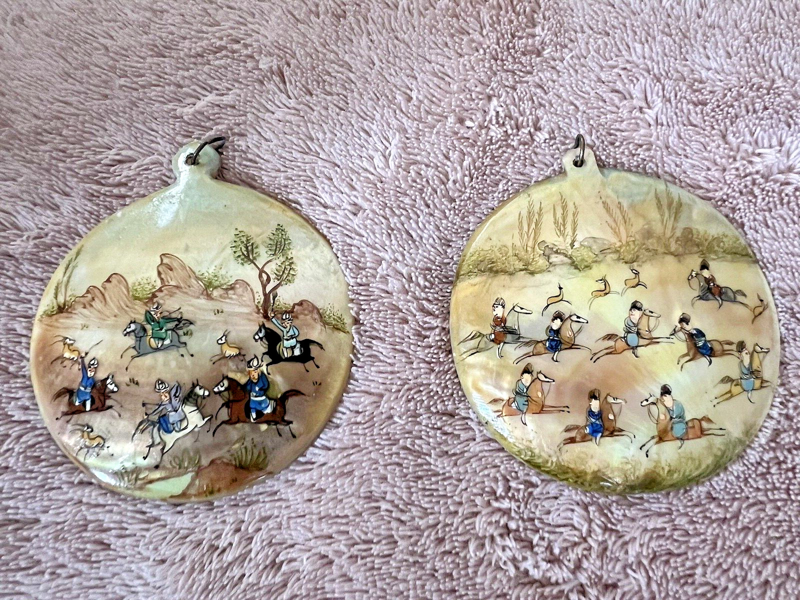 2 Pendant/Earrings Nacre Painted – Asian Centre – 2 3/8in – Fine 19th/Early 20th