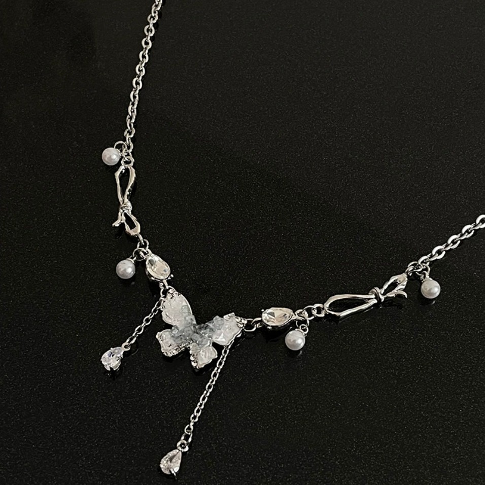 Gradient Blue Crystal Butterfly Pearl Tassel Silver Plated CZ Choker Necklace
