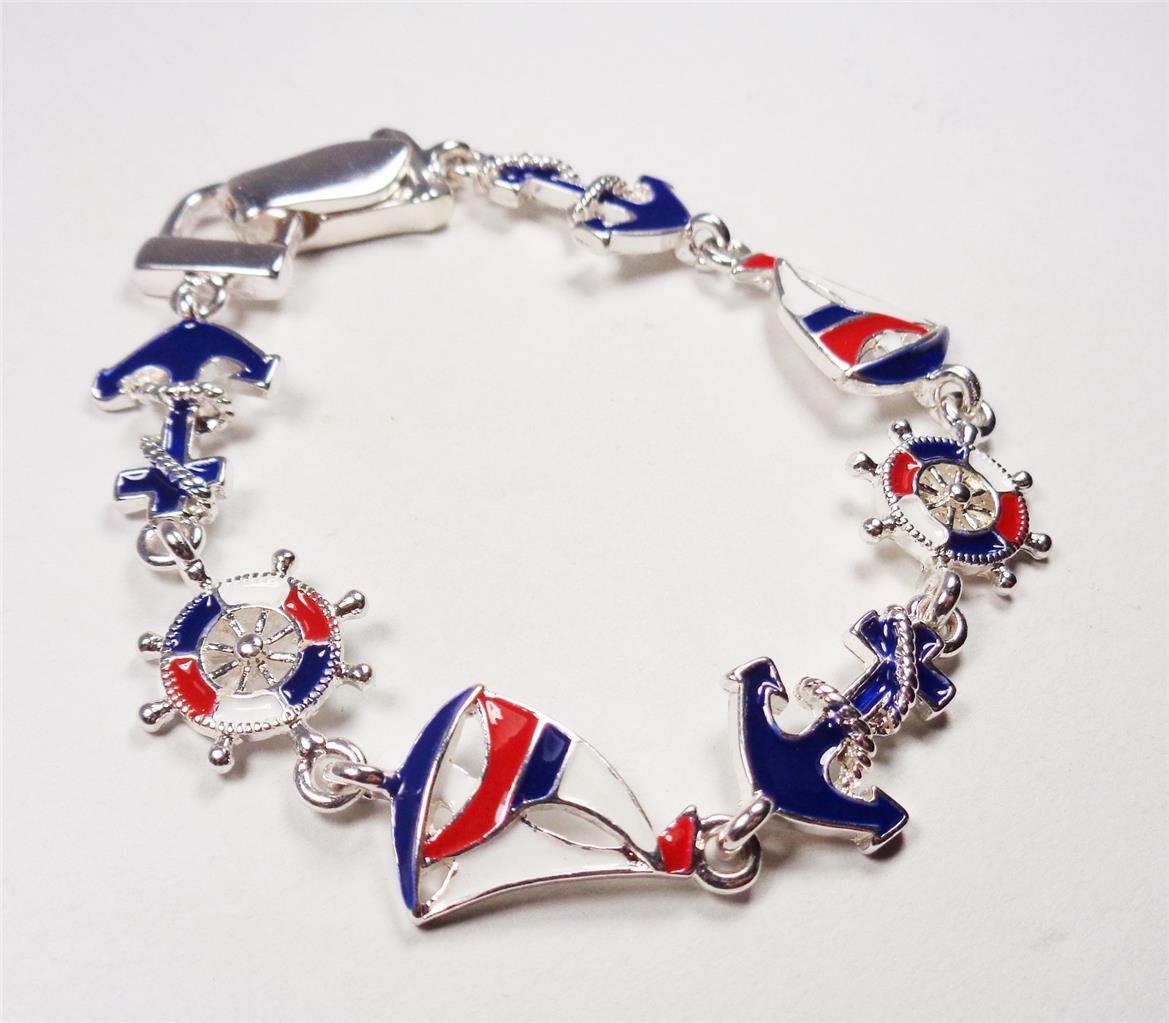BEACH FASHION NAUTICAL SHIPS WHEEL ANCHOR AND SAILBOAT SEA LIFE RHODIUM BRACELET