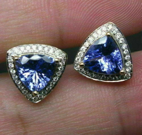 2.30Ct Trillion Cut Simulated Tanzanite14k Yellow Gold Plated Halo Stud Earrings