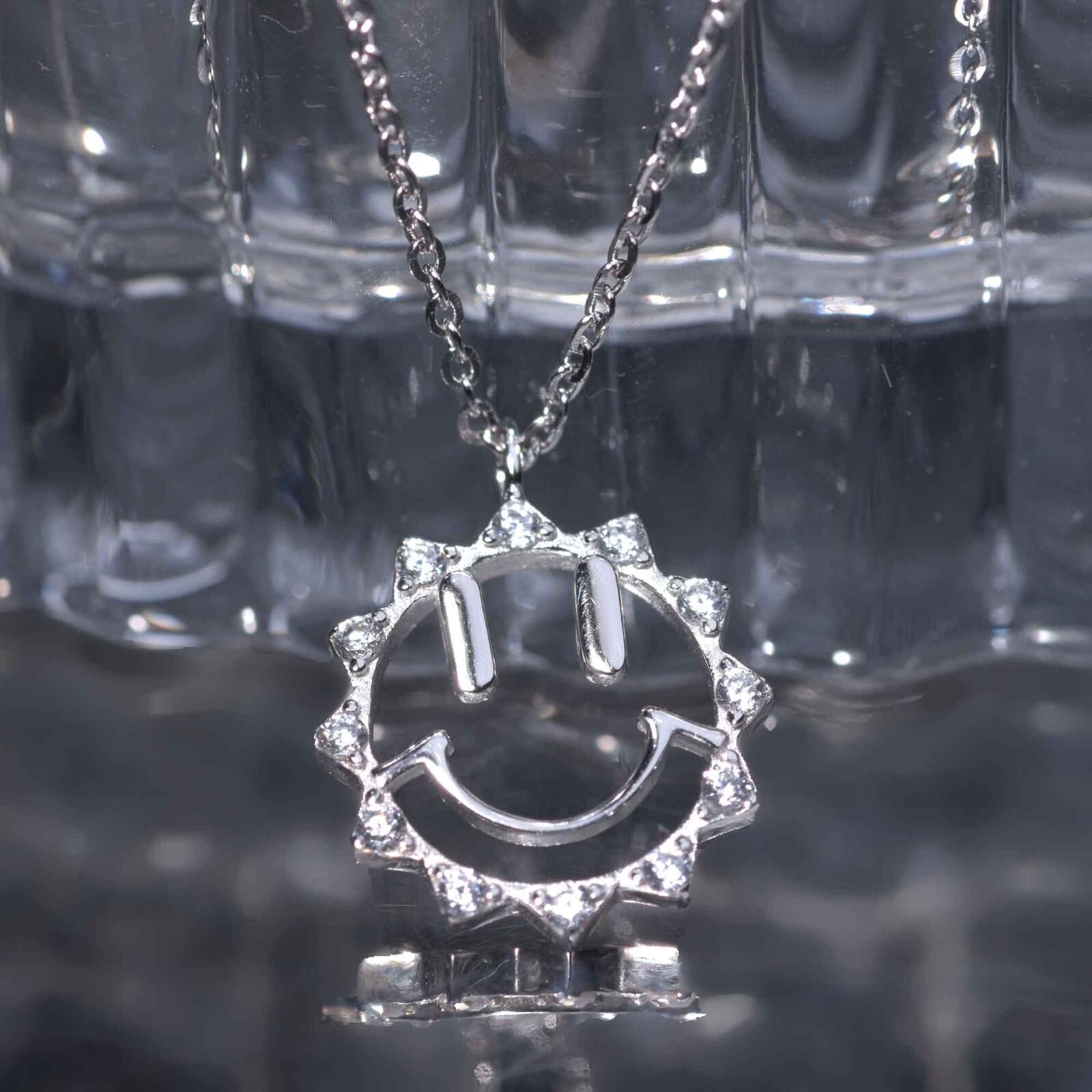 18k white gold 925 silver simulated diamond smile sun pendant chain necklace