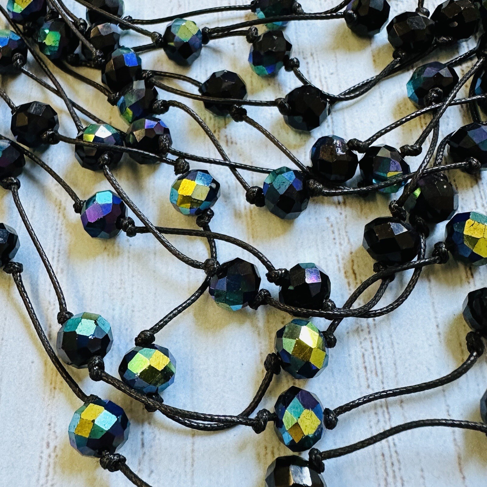 Black Multistrand Cord Black Green AB Bead Bib Necklace 18-26 In