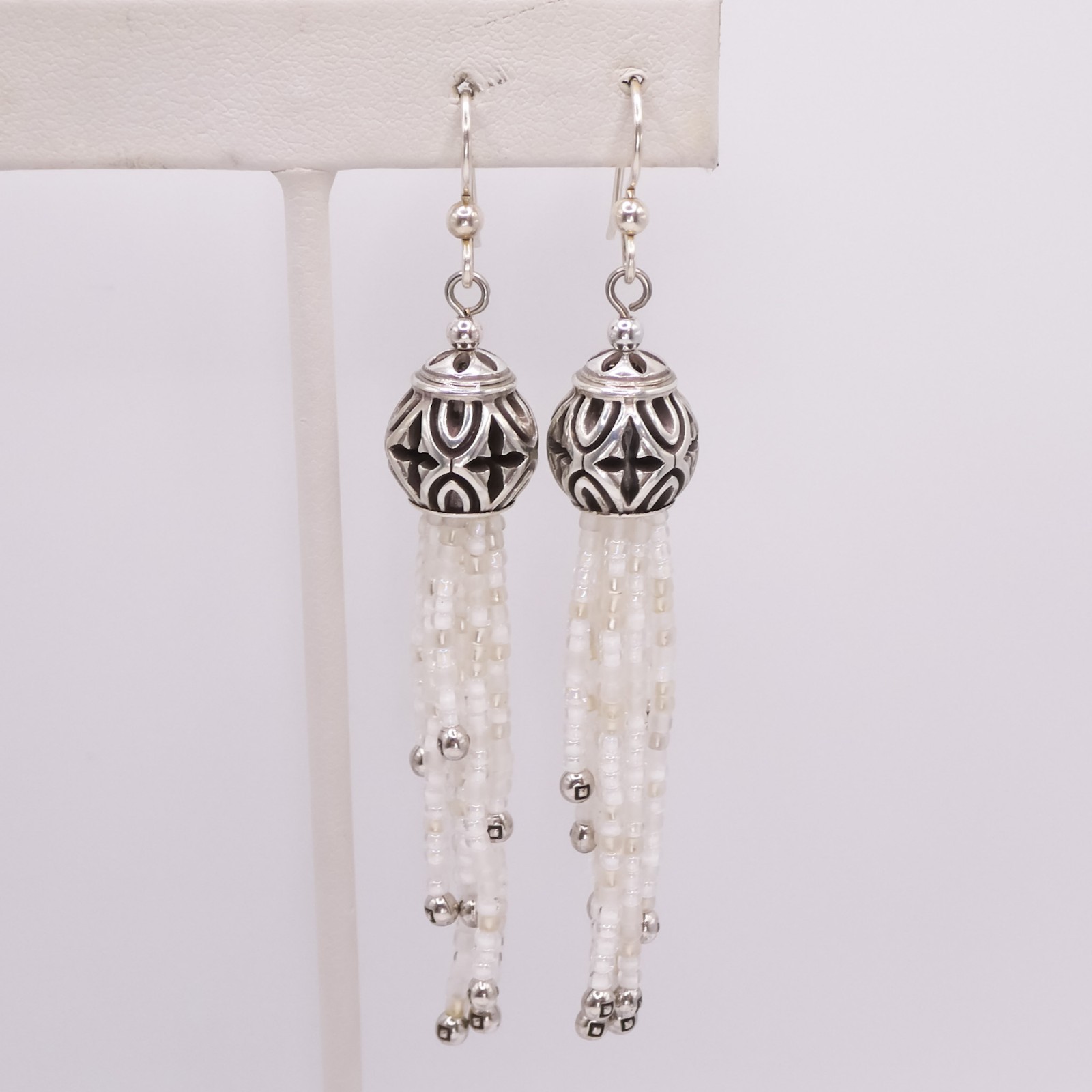 Brighton Boho Roots White Beaded Tassle 3.3″ Womens French Wire Pierced Earrings