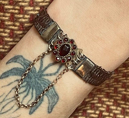 Antique Victorian Mourning Jewelry Human Hair Work Bracelet Red Oval Crystal