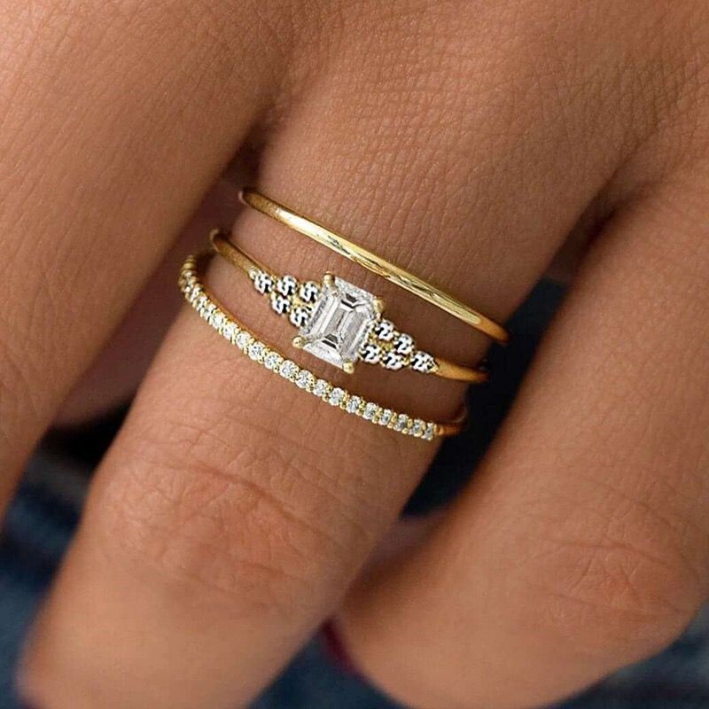 One Set 3 PCs Women 18k Gold Plated Sparkling CZ Band Ring Wedding Engagement
