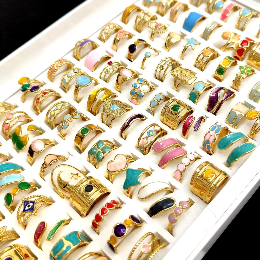 20Pcs Luxury Gold 316L Stainless Steel Color Enamel Wedding Party Ring Open-end