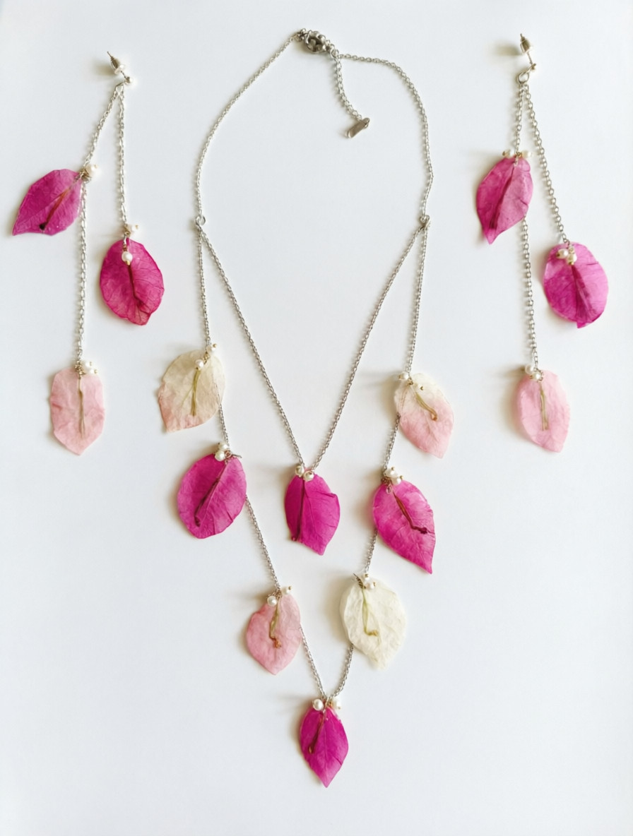 Real Bougainvillea Pink Leaf Necklace Earrings Set Handmade Resin Jewelry Gift