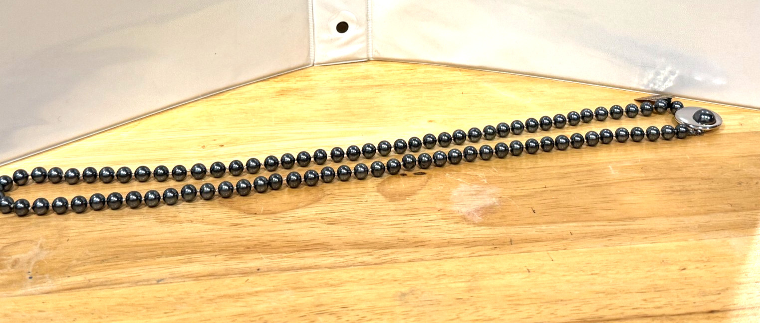ANNE KLEIN SIMULATED BLACK PEARL STRAND NECKLACE 30″ Silver Push Button Clip~Box