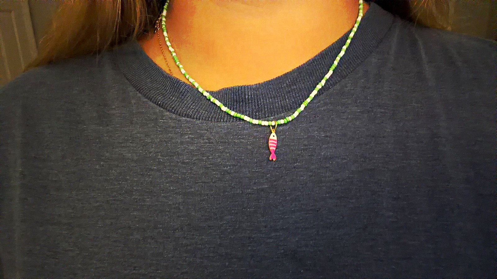 Green & White Handmade Beaded Necklace Chain Pink Fish Charm