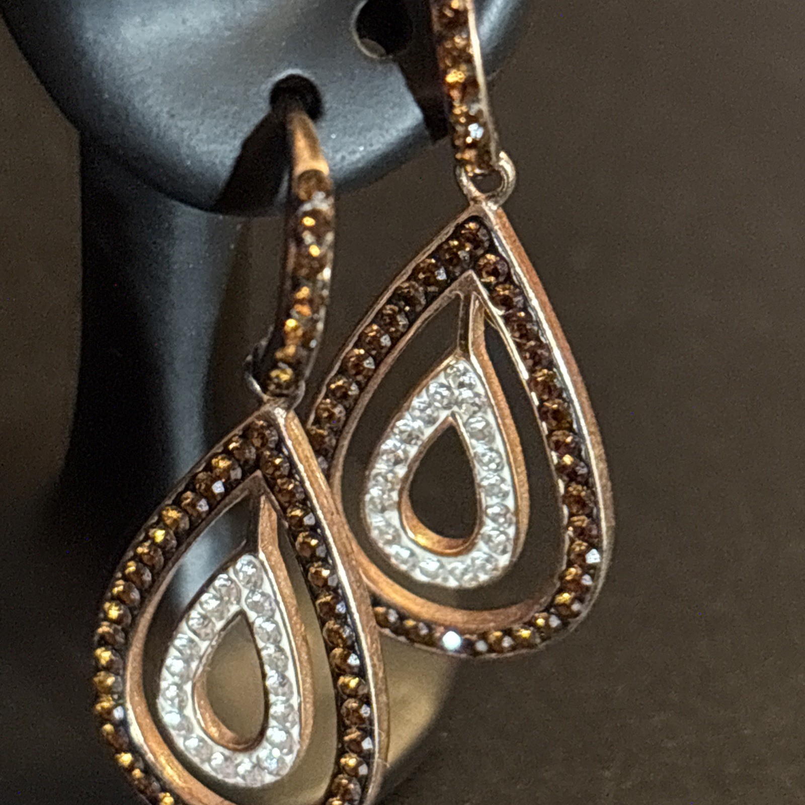 Beautiful Rose Gold Over Sterling Silver, With Brown & White Rhinestone Earrings