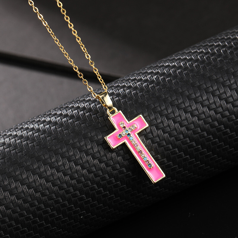 Fashion Cross Religious Necklace and Pendant White Blue Pink Oil Drop Woman Gift