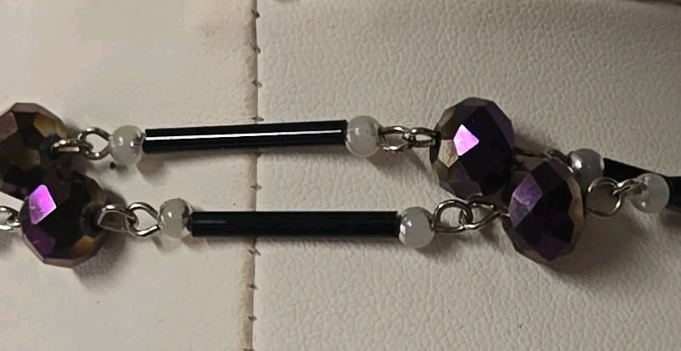 Faceted AB Rhinestone Purple Reflective Glass Black Bar Link Flapper Faux Pearls