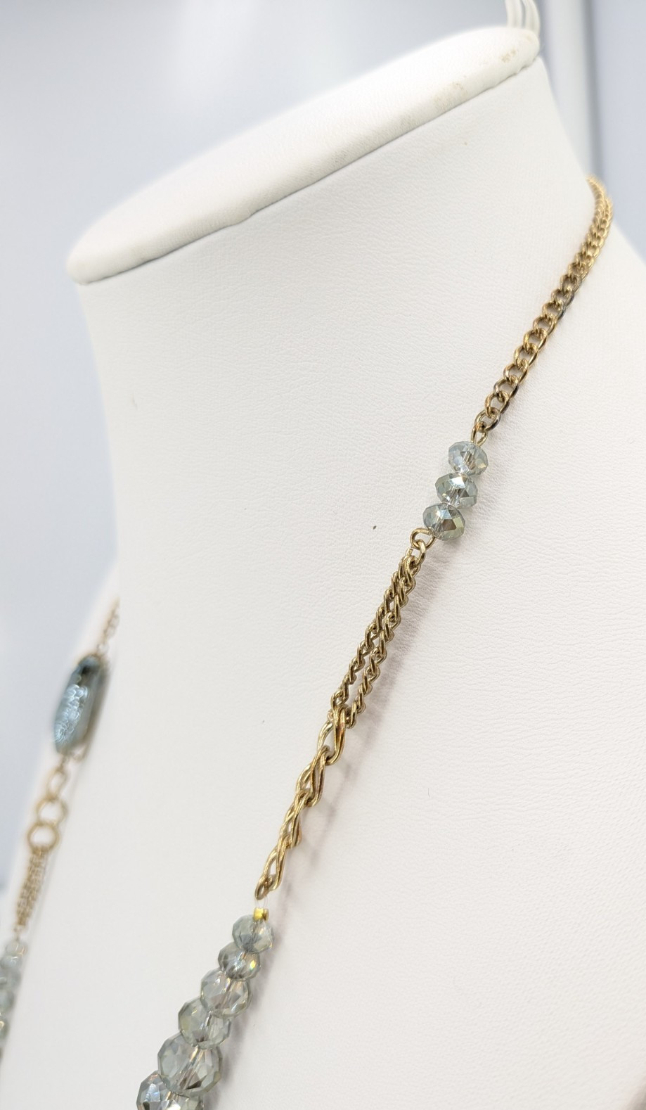 Unsigned Necklace Blue Gray Glass Beads Gold Plated Mixed Chain 35 in Long 40g