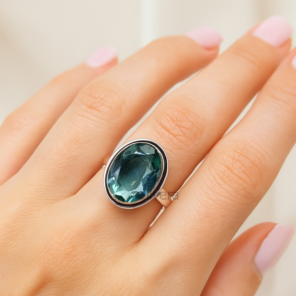 Handmade Aquamarine 925 Silver Oxidized Ring Antique Finish Women’s Jewelry