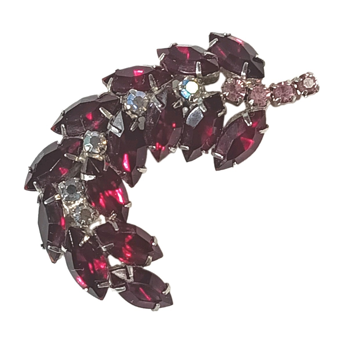 Vintage Mid Century Red Marquise Rhinestone Crescent Leaf Brooch Rhodiumprongset