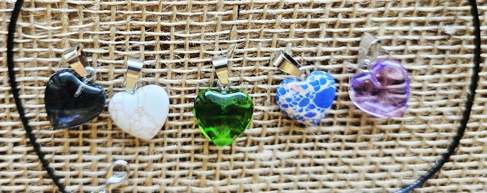 6pc Set 5 Heart 1″ Pendants Green Lavender, Blue, Marbled 18″ Necklace