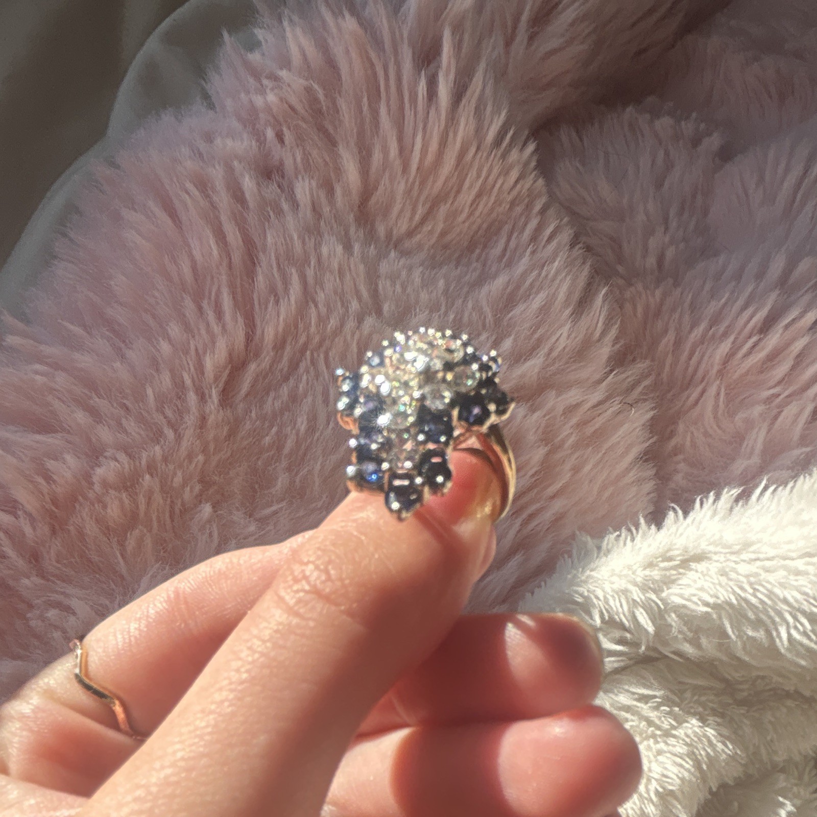 Yellow Gold Plated Cocktail Cluster Ring Size 8 Clear & Blue Simulated Diamond