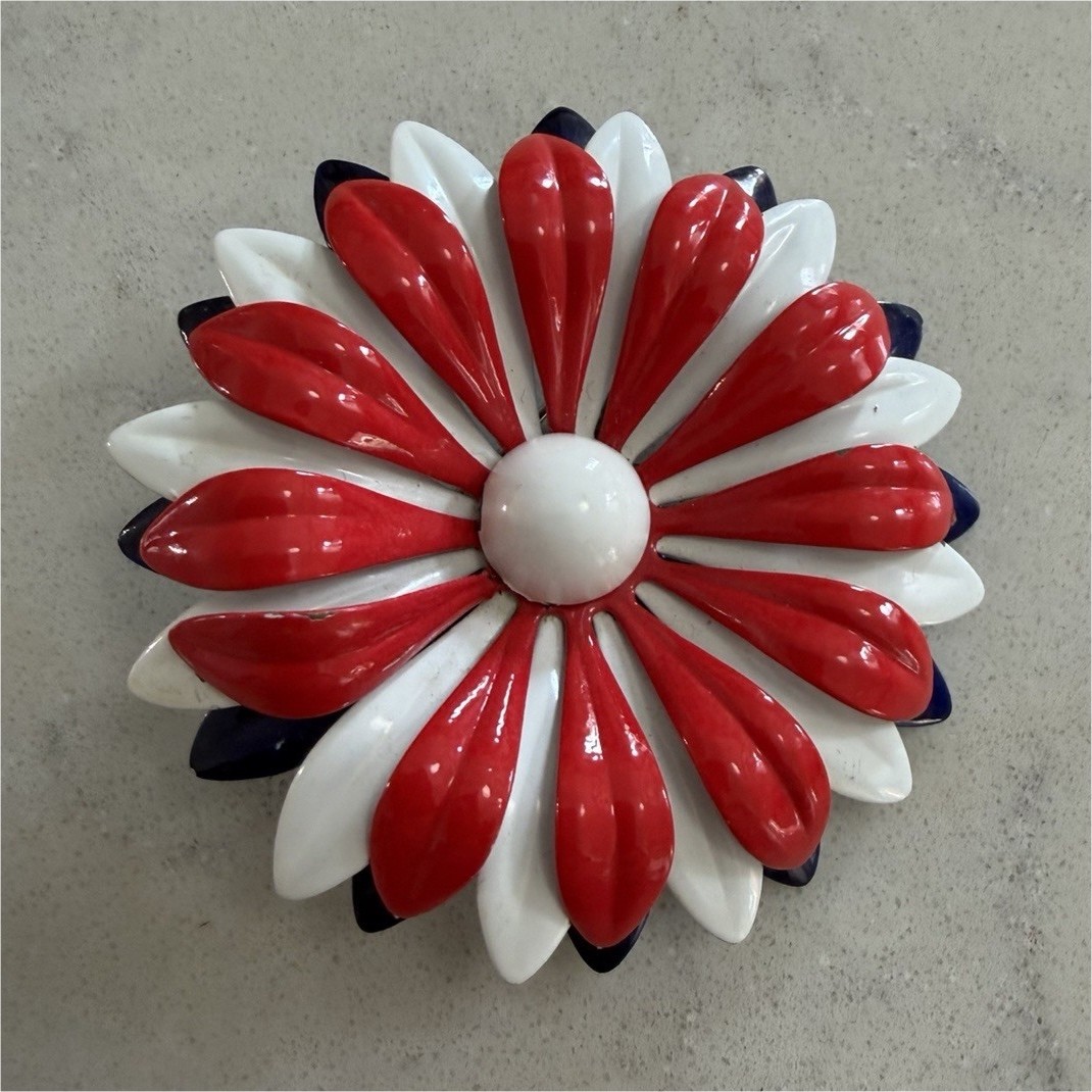 Red White Blue Flower Brooch Pin Enamel Metal Floral Theme No Stone
