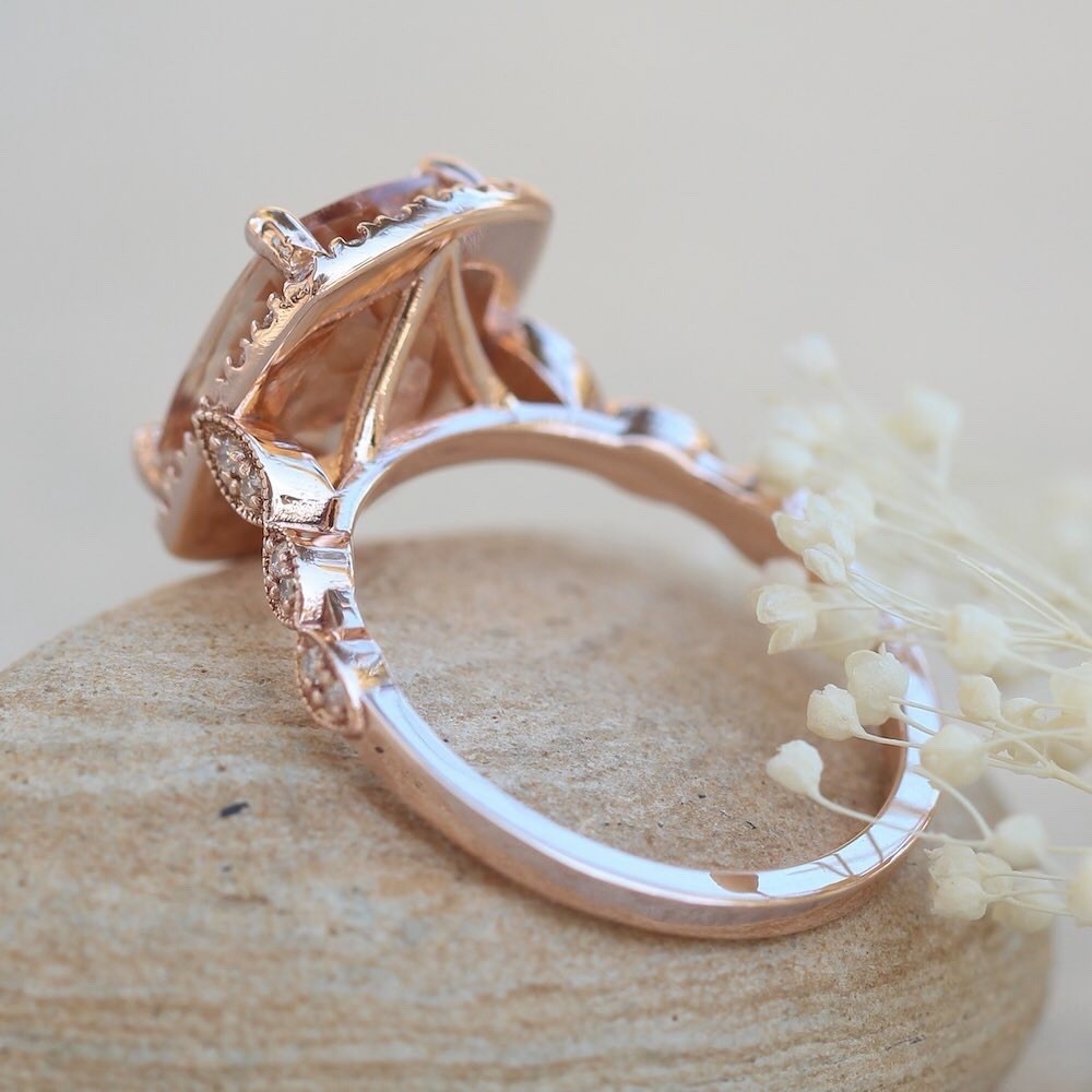Cushion Cut Peach Morganite Ring 925 Sterling Silver Engagement Ring.