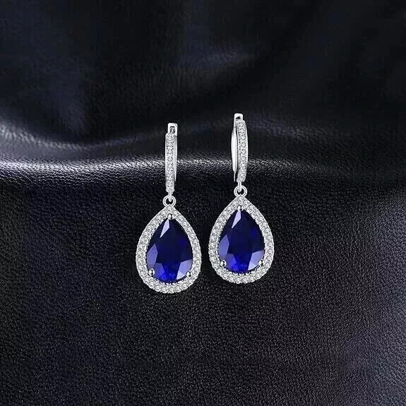 Clip On Drop Earrings Pear Cut Simulated Blue Sapphire In 14k White Gold Plated