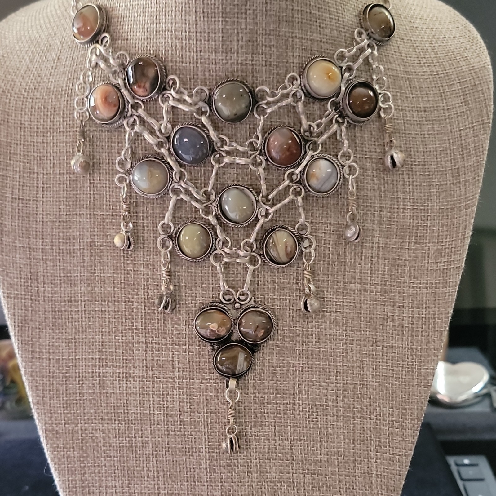 Tibetan Silver Multicolor Oval Cabochon Bezel Set Bib Charm Necklace Link Chain
