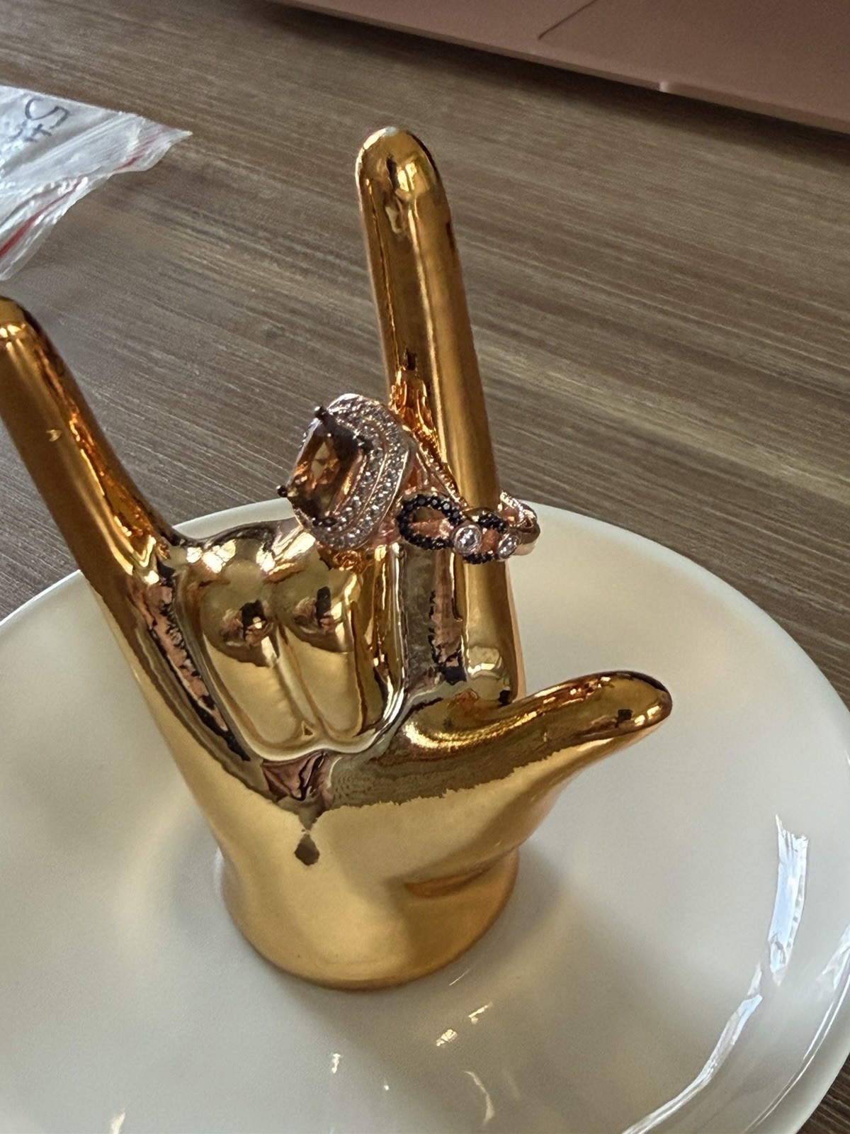 Rose Gold Plated Cocktail Ring Size 5 Brown Cushion Stone Rose Gold Tone