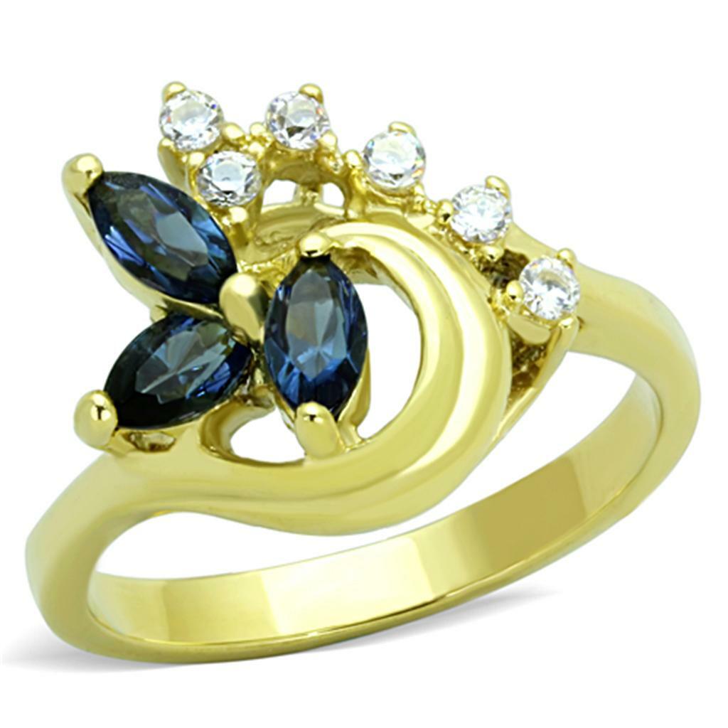 Blue CZ Marquis Triplet Cocktail Ring Gold Plated Stainless Steel TK316