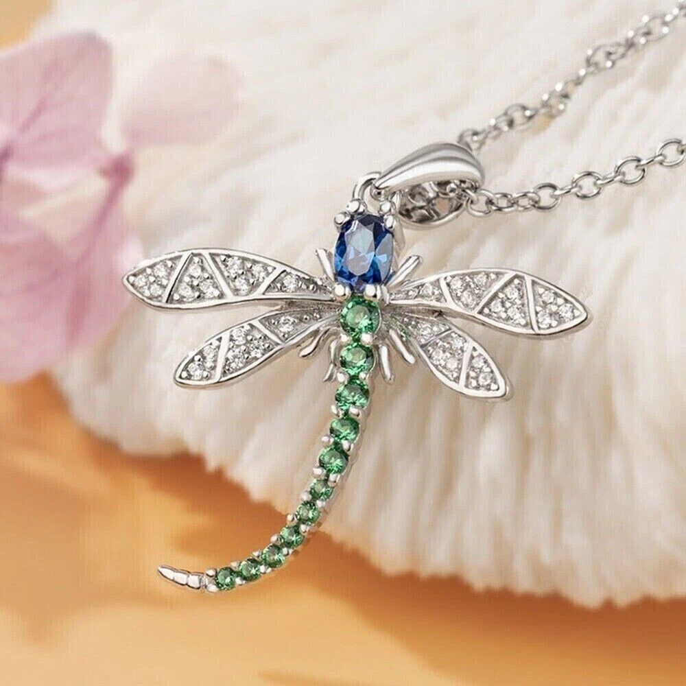 1.75Ct Simulated Sapphire & Emerald Dragonfly Pendant Chian14k White Gold Plated