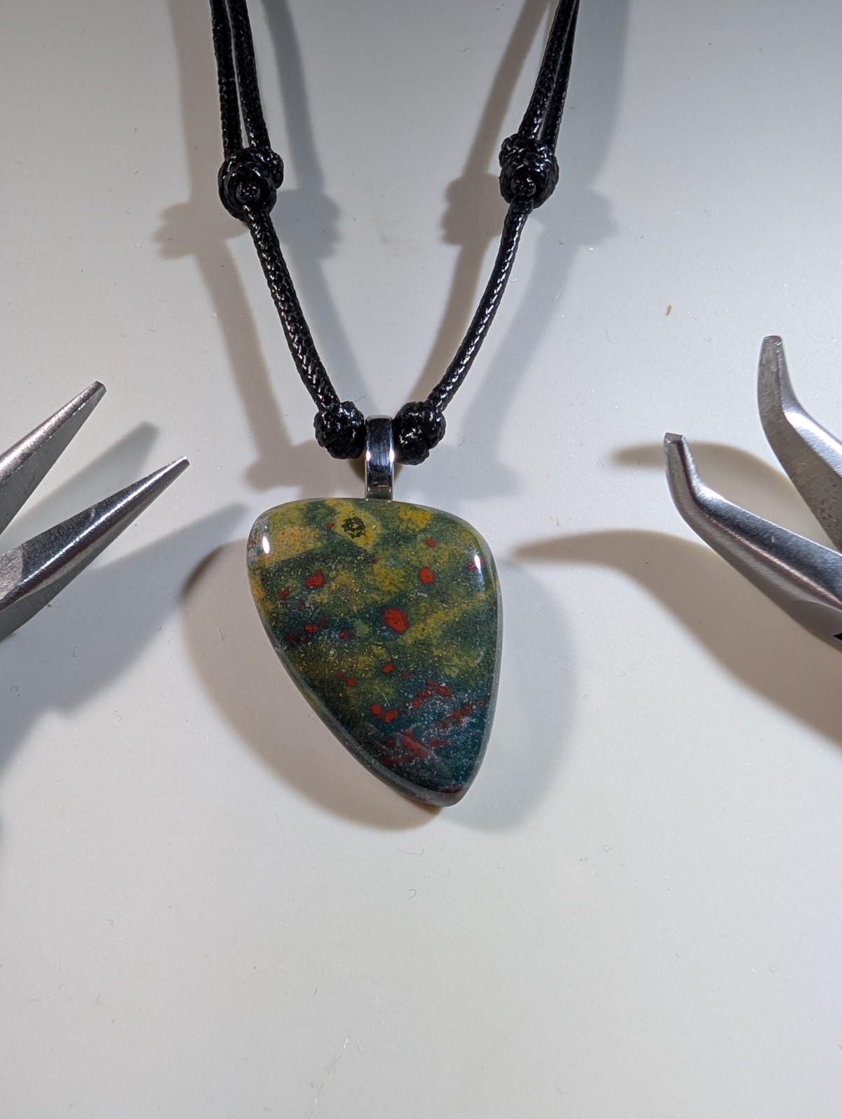 Bloodstone Pendant Necklace Adjustable Black Cord 14-27in Natural Green Gemstone